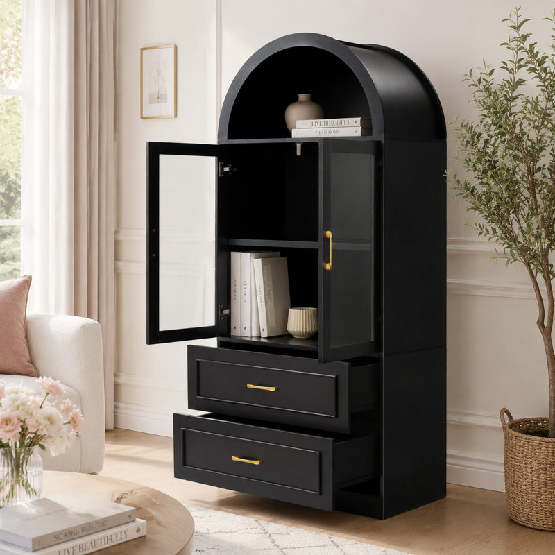 Armoire de rangement moderne et minimaliste à dessus arqué, portes en verre trempé, tablettes fixes, tiroirs, noire