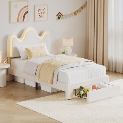 Structure de lit DEL avec tête de lit ondulée réglable et tiroir de rangement, lit plateforme tapissier sans sommier