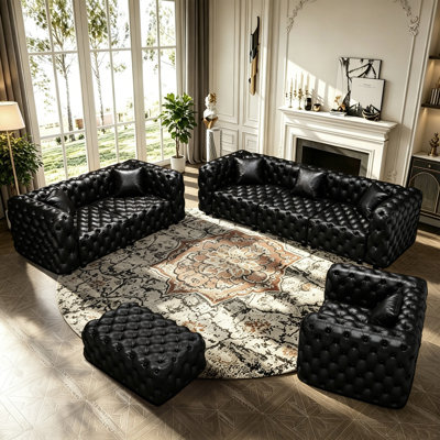 Ensemble de salon modulaire 4 pièces, canapé en similicuir avec canapé, causeuse, fauteuil et repose-pieds Ecoliving