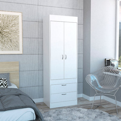 Armoire, tringle, porte double, deux tiroirs, poignées en métal