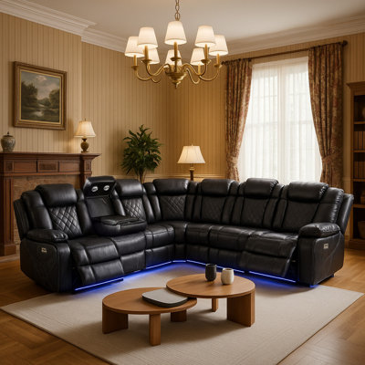 Power Living Room Furniture Set,L-Shaped Reclienr Sofa With LED Light&Spacious Storage,Home Theater Seating With Wireless Charging,Cup Holders,Black