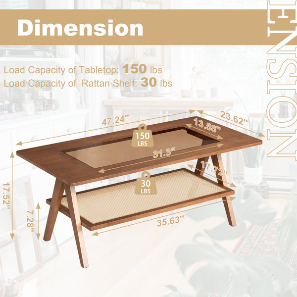 17 Stories Mid Century Modern Coffee Table With Glass Top And Rattan ...