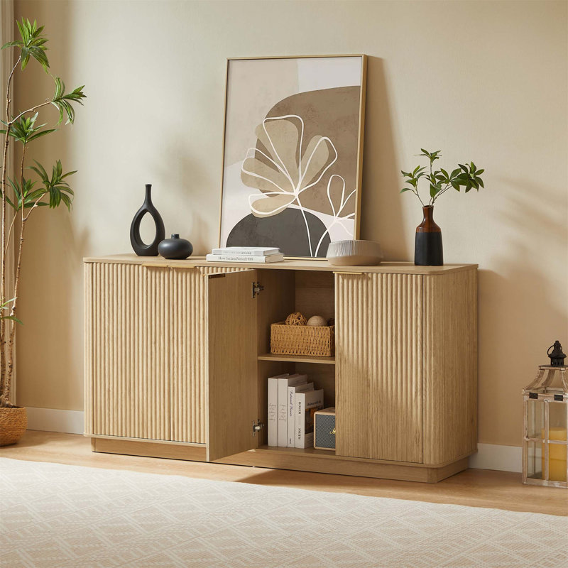 Buffet 63 pouces à rayures verticales en chêne avec rangement, forme ondulée, meuble télé multifonctionnel pour diverses pièces