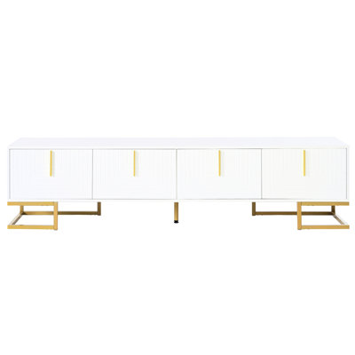 Meuble télé blanc et doré avec pieds réglables en métal, console à tablettes géométriques 80 po