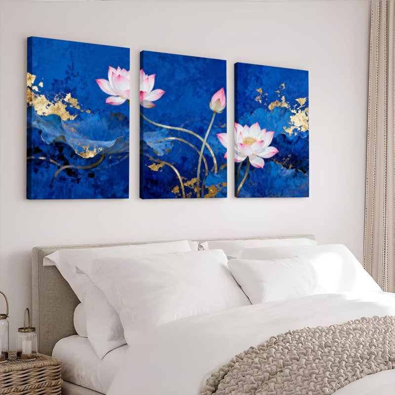 Ensemble de 3 toiles murales à motif de fleurs de lotus, H 24 po x l 48 po