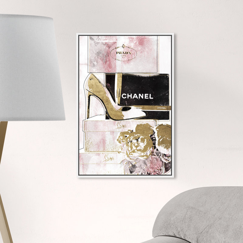 " Luxury Stacked Shoes Rose ", 24" H x 16" W, White Framed