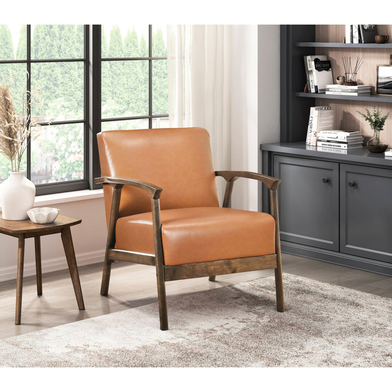 Fauteuil d'appoint de salon en similicuir brun, soutenu par du bois d'hévéa massif pour une expérience relaxante Chaise avec housse en cuir et cadre chic
