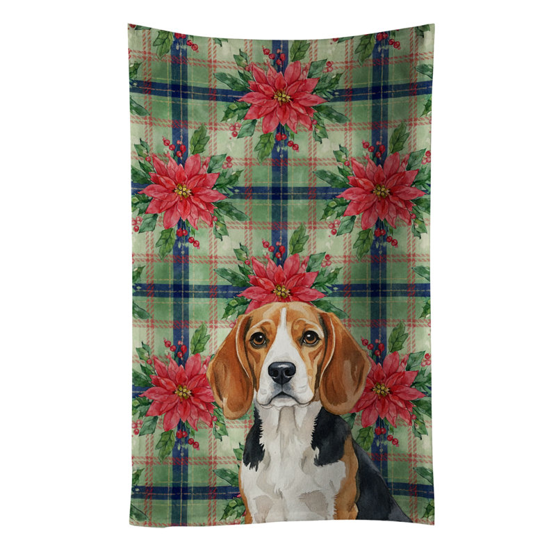 Beagle Christmas PoinsettIas Kitchen Towel, Black/White/Brown Beagle