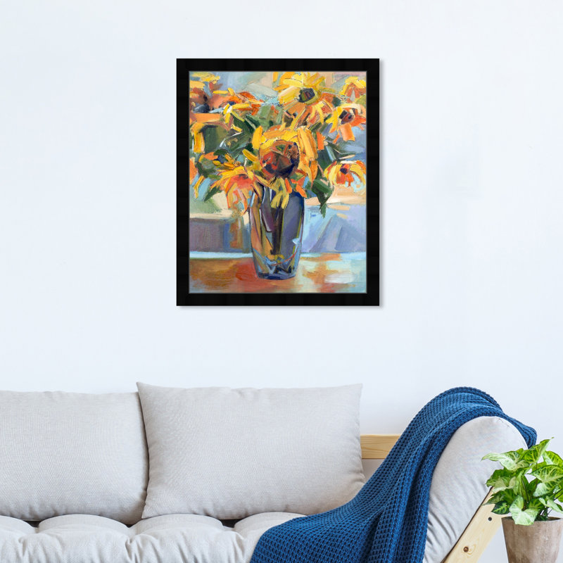 Jolis jolis tournesols, peinture abstraite, art graphique moderne jaune, Papier avec cadre noir