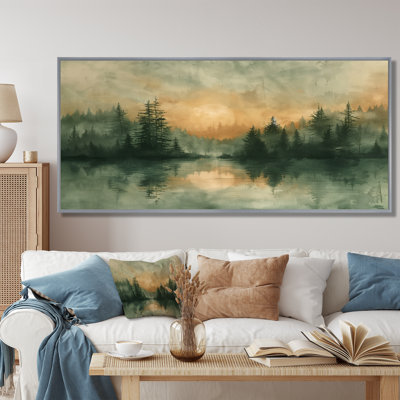 Green yellow sunrise fog in the forest III - Countryside Canvas Wall Art