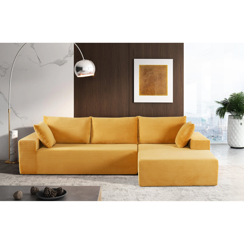 Canapé modulaire convertible, confortable à 4 places en velours côtelé doux jaune gingembre, canapé-lit avec rembourrage en mousse complète, pour des espaces de vie flexibles, orienté vers la droite, aucune zone de canapé en velours côtelé ne nécessitant d'assemblage,