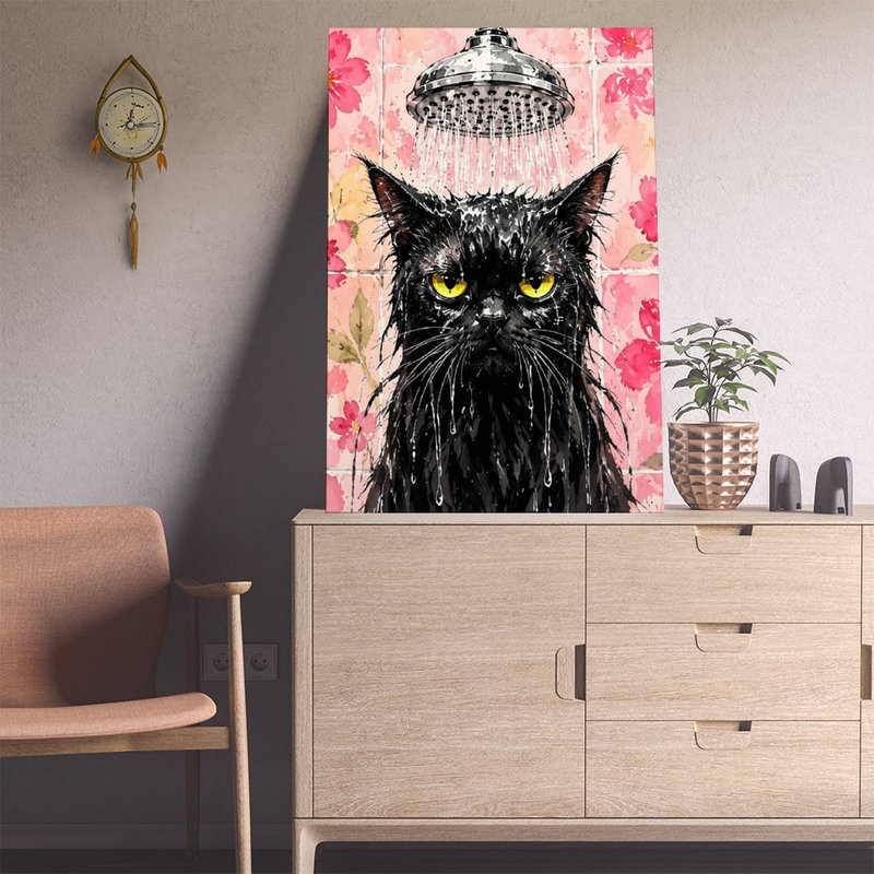 Toile, art mural, chat noir, rose, décoration de salle de bain, affiche rétro, décoration intérieure, 12 po x 18 po