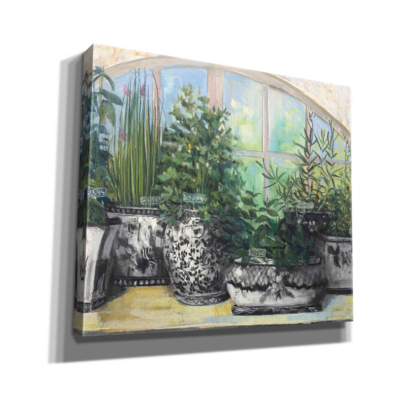 «Aanik Windowsill Herbs Bw Vases Crop On Canvas» par Carol Rowan, H 26 po x l 30 po x P 1,5 po