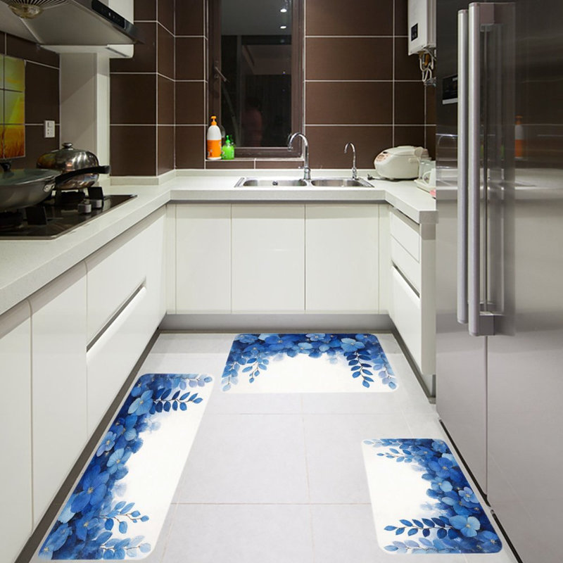 Tapis de cuisine à motif floral bleu 3 points, chambre et salle de bain