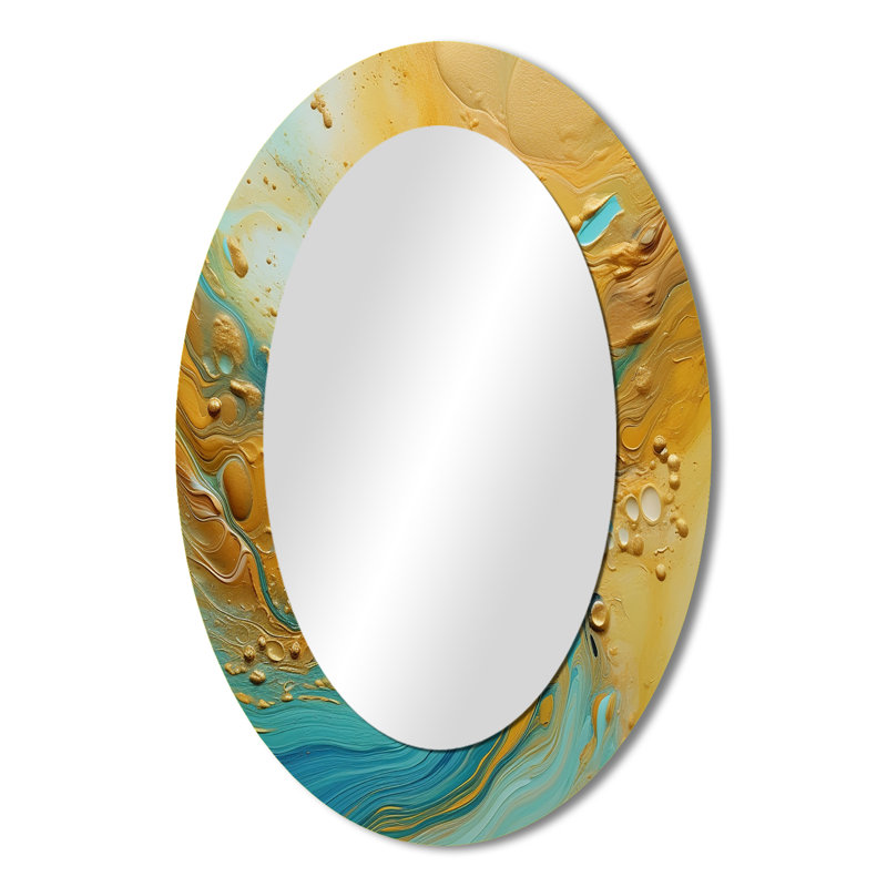 Golden Ocean Waves Turquoise Abstract VI - Modern Oval Wall Mirror, 36" x 24"