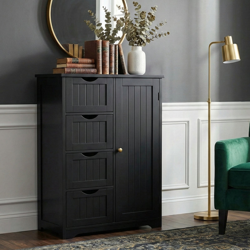  Armoire de rangement de salle de bain avec tablette ajustable, 22 po, 4 tiroirs et 1 porte, noir, Noir