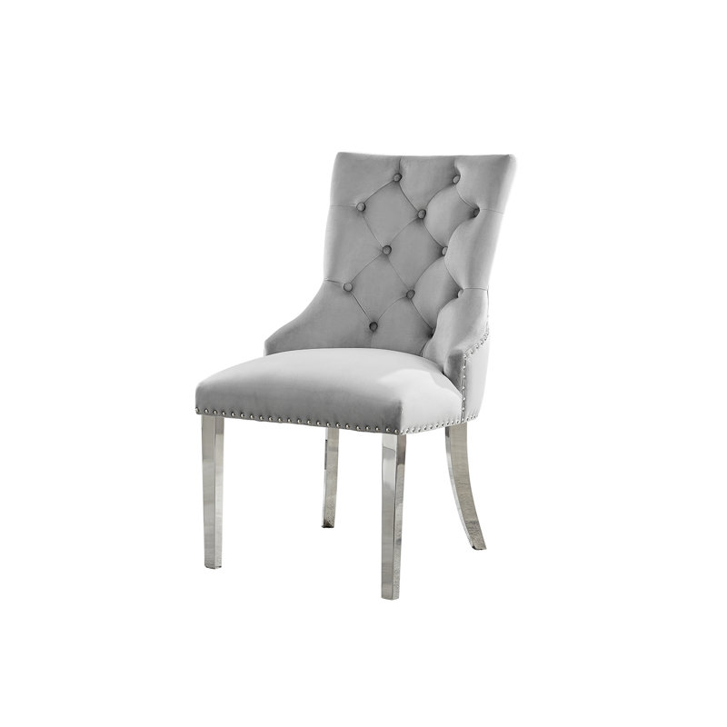Eubanks Velvet Knockerback Dining Chairs with Metal Rivets and Chrome Legs, Grey, Silver