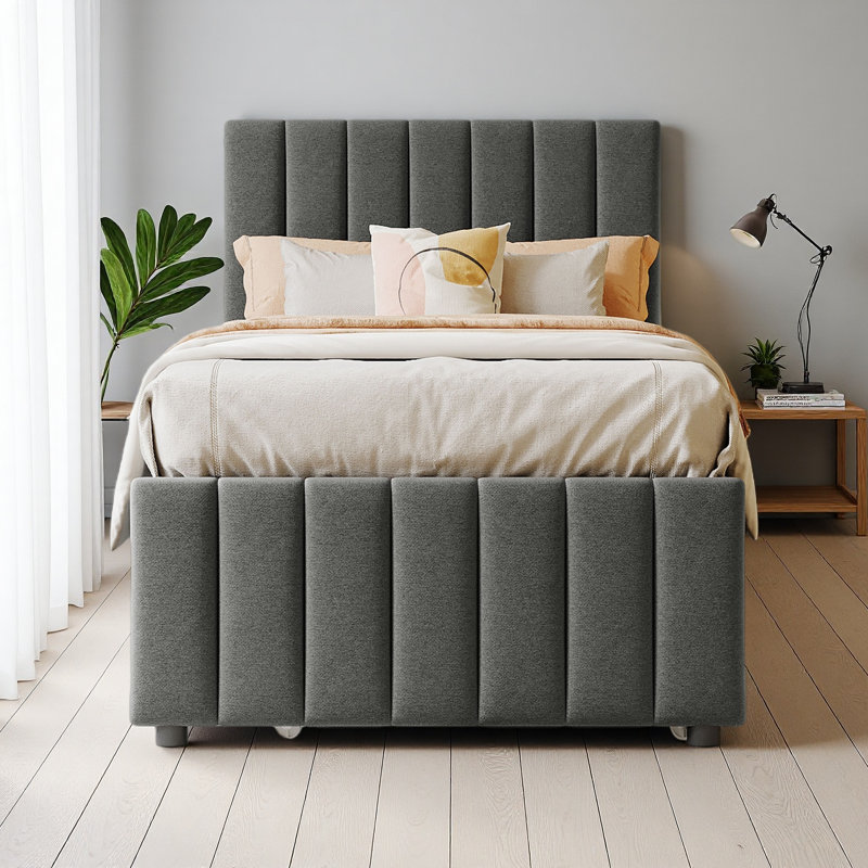 Lit plateforme tapissier simple avec lit gigogne et 3 tiroirs, tissu en lin, Gris