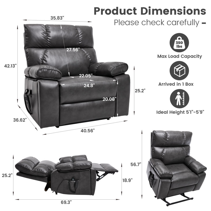Dual Motor Power Lift Recliner With Heat And Massage, 350 Lbs Capacity, Hidden Cup Holders & Remote Control, Dark Gray