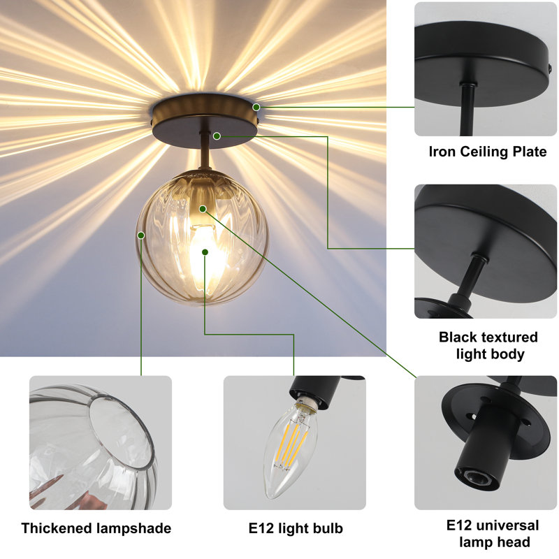 1 - Light Glass Semi Flush Mount Ceiling Light, Matte Black