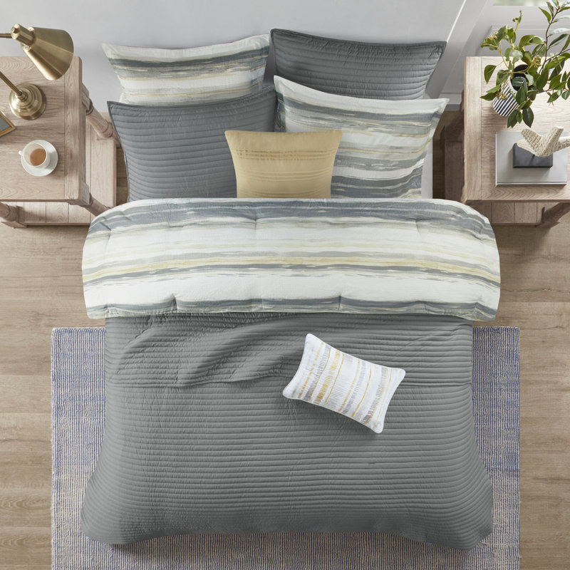 Très grand / très grand lit en jaune - 8 pièces Seersucker, pour un sommeil, coussins décoratifs brodés, Jaune