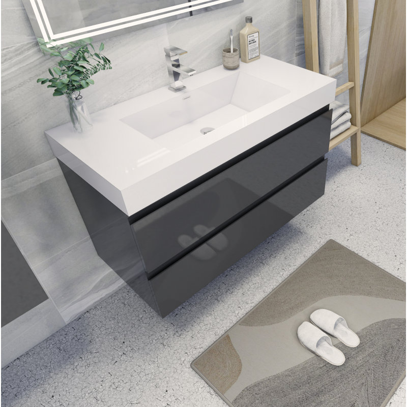 Meuble-lavabo mural simple de 42 po Carnetta, Gris à haute brillance