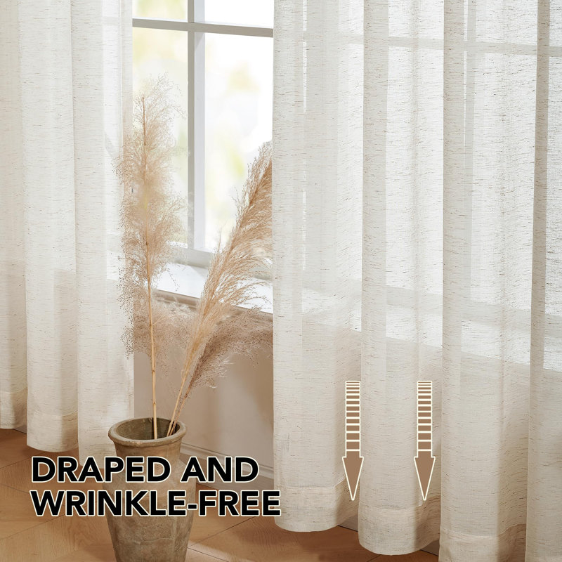 Faux Linen Rod Pocket Semi Sheer Curtains, Light Filtering Drapes for Living Room & Bedroom (Set of 2), 52" W x 84" L, Linen