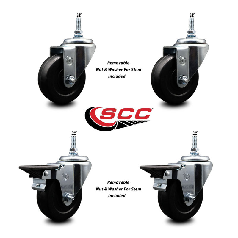 3.5 Inch_Soft Rubber 3/8 Inch Threaded Stem Caster Set 2 Brakes SCC
