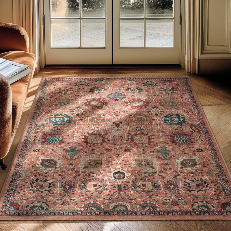 Bungalow Rose Aylena Traditional Oriental Botanical Coral Area Rug, Rectangle Rectangle 3'3" x 5'