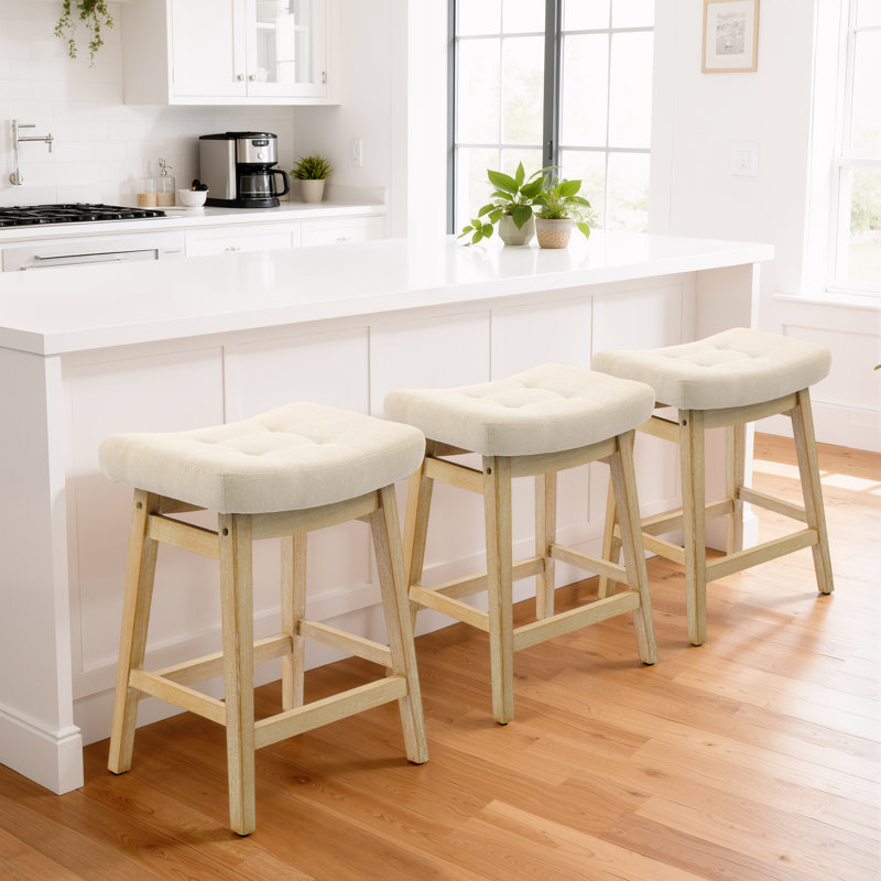 24" Solid Wood Bar Stool Ideal for Kitchen Island and Counter, Beige Linen Seat/ Wood Frame