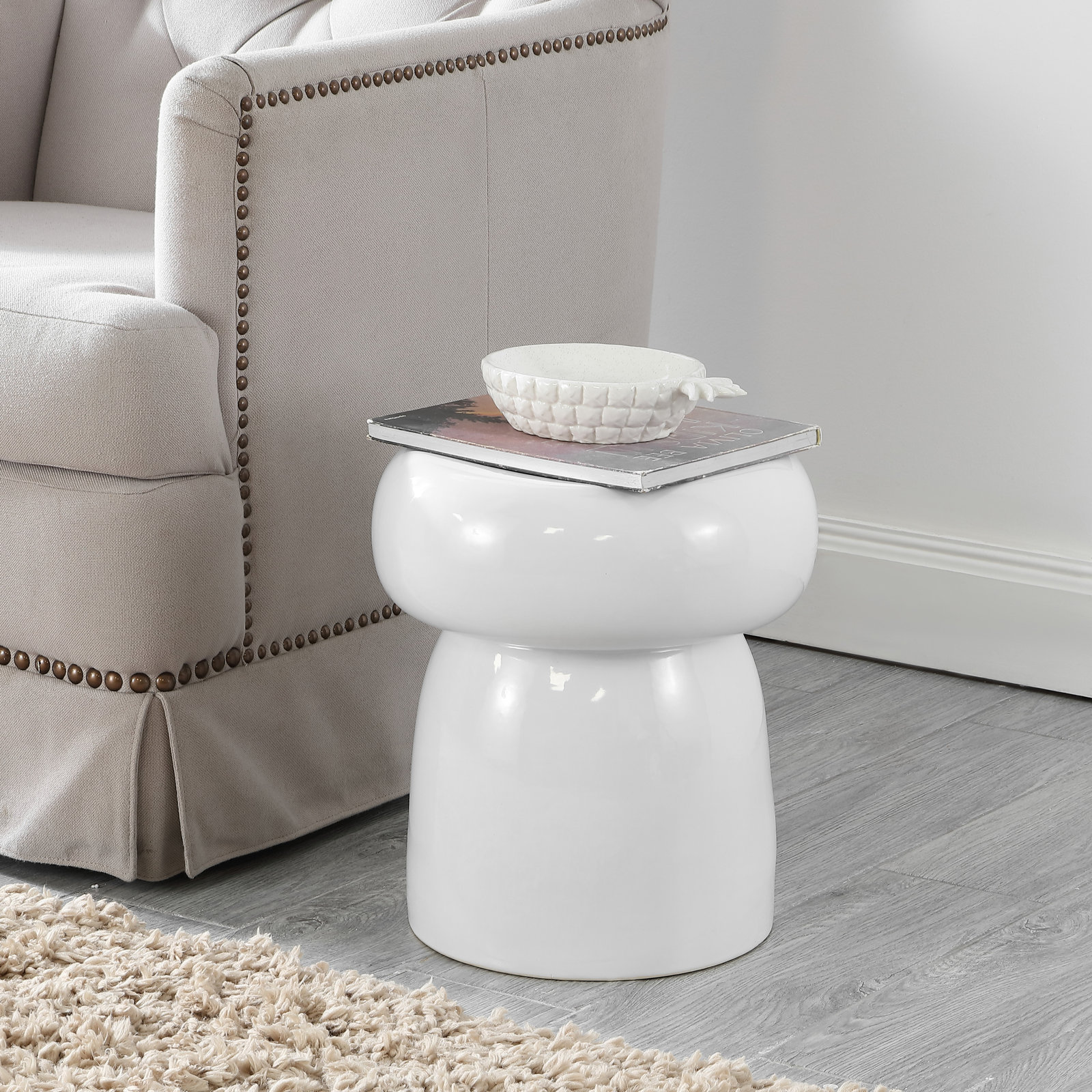 13" Ceramic End Table, White