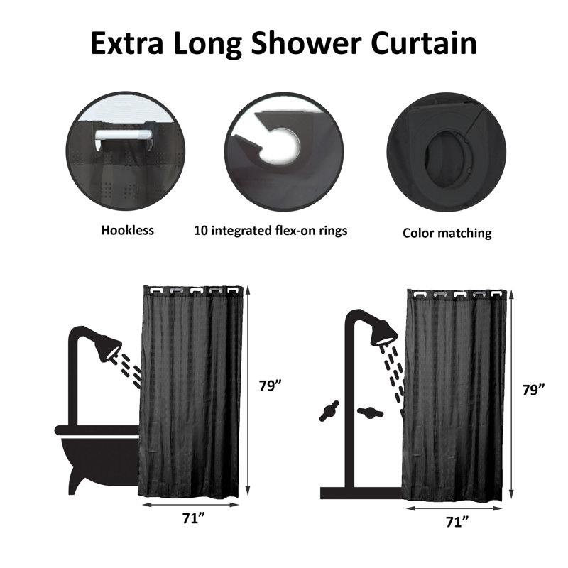 Cubic Hookless Extra Long Shower Curtain Polyester, Black