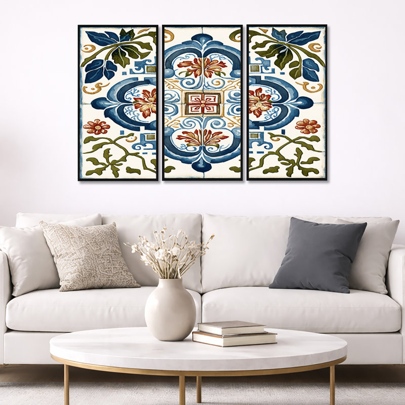 «Mediterranean Tiles in Retro Blue I», reproduction sur toile 3 pièces, H 28 po x l 36 po x P 1 po, Toile encadrée noire