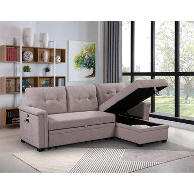 Canapé-lit modulaire réversible gris clair 84 po Ashlyn avec méridienne de rangement, ports de chargement USB et poche