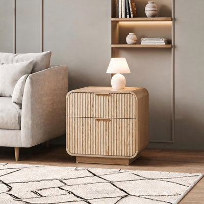 Natural Curved Fluted Nightstand – 2-Drawer Modern Bedside Cabinet with Metal Handles, Ideal for Bedroom and Living Room