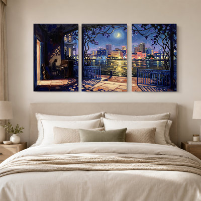 Night Cityscape with Moon and Wisteria Over Water Set Of 3 Canvas Wall Art
