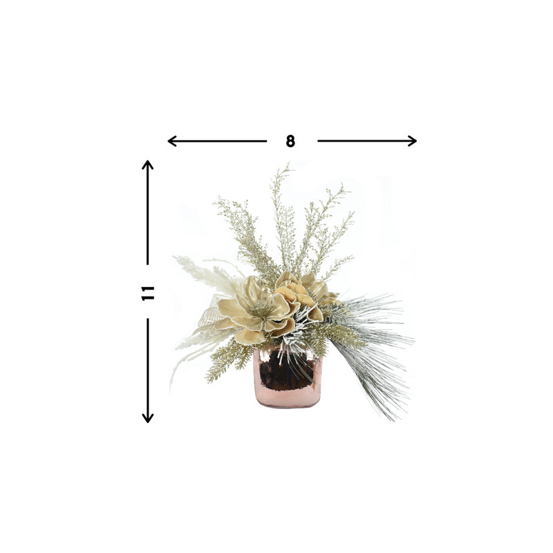 Gold Magnolia, Snow Picks, Snow Pine In Rose Gold Glass Vase