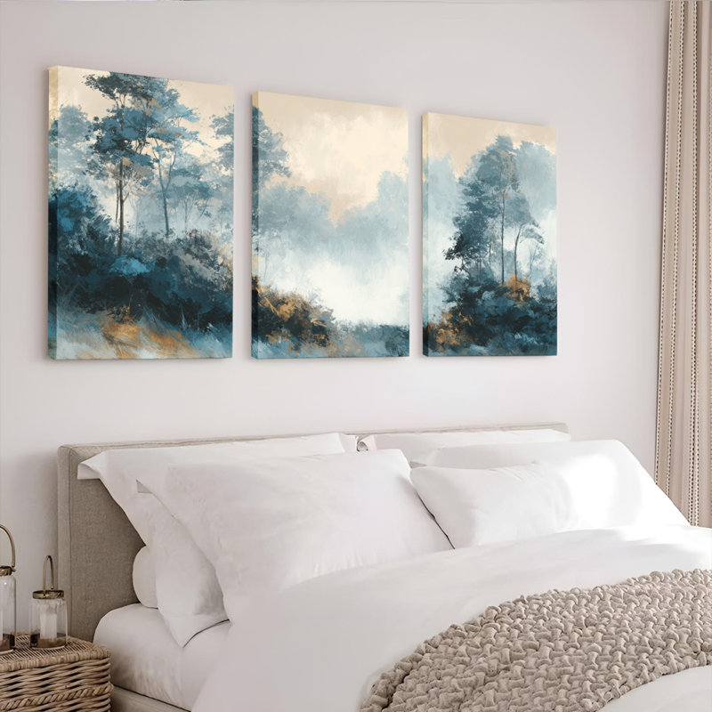 Ensemble de 3 tableaux muraux sur toile représentant un paysage forestier, H 24 po x l 48 po