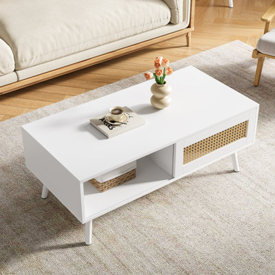 Table basse de style Mid-Century moderne avec rangement, tables d'appoint rectangulaires en bois de 41,3 pouces avec panneau de porte en rotin tissé PE et pieds en bois, convient au salon, à l’appartement