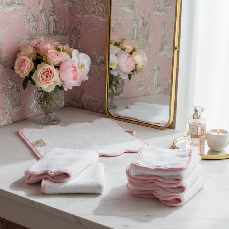 Luxury Cotton - Fluffy, Ultra Soft & Highly Absorbent Wash Cloth (10 Piece Set) - Scallop Piping, White/Pink