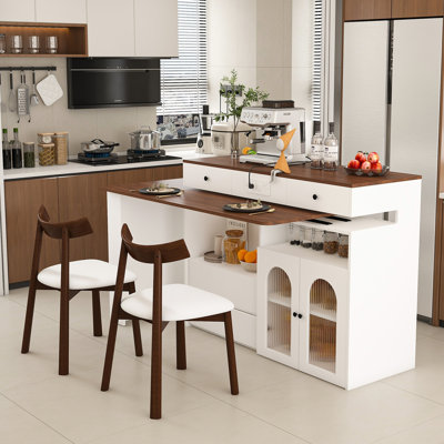 Ensemble d'îlot de cuisine rétro avec 2 chaises en bois massif, table extensible et rotative, panneau de fibres à densité moyenne plaqué noyer, 4 tiroirs, armoires à portes en verre, 2 à 4 sièges