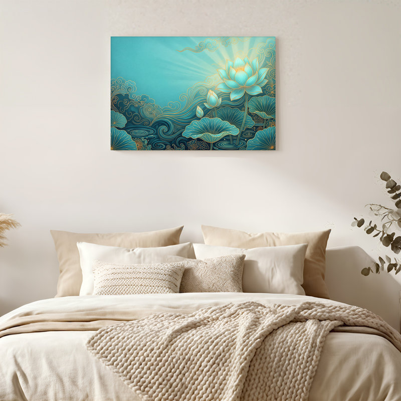 Toile de lotus bleu sarcelle avec tourbillons dorés, art mural, 12"H x 18"W