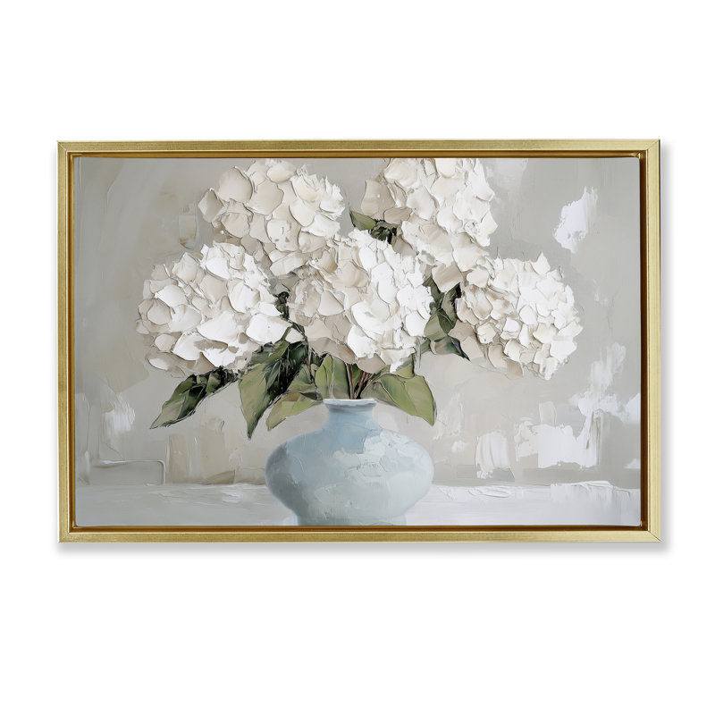 Bouquet d'hortensias moderne tacheté, Cadre flottant métallique doré, H 21 po x l 31 po