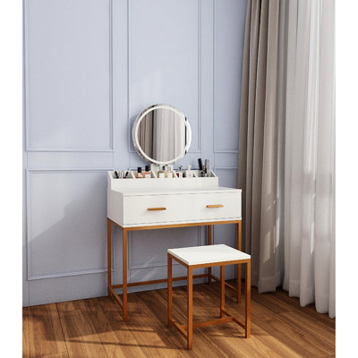 Vanity With Mirror, Stool, And Storage, Ancient White Gold Aesthetic, Space Design For Small Bedrooms, Construction, 31.82 In Depth Makeup Modern Style Build, 18.46 Wide, 53.47 Tall