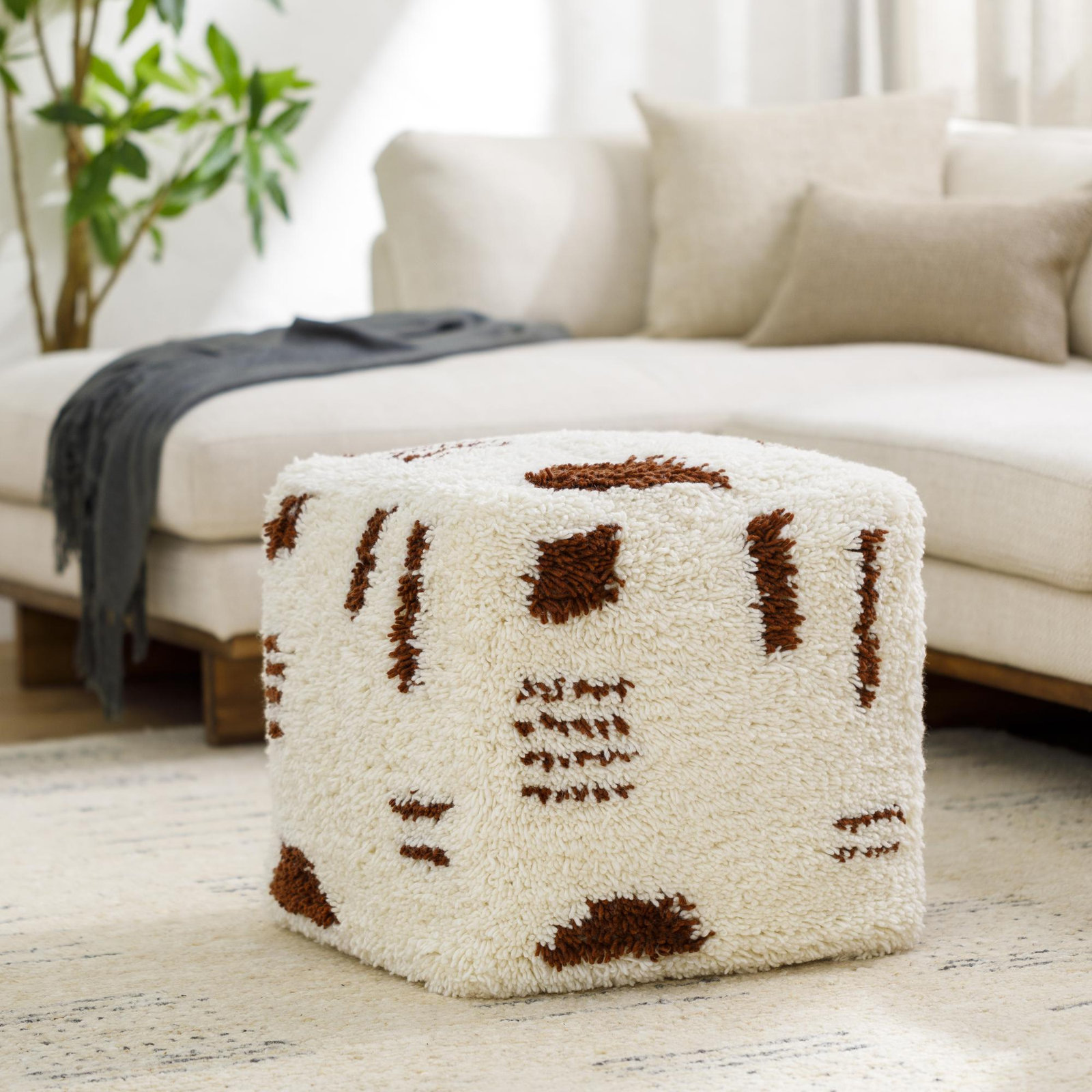Tuaca Upholstered Pouf, Cream Boucle
