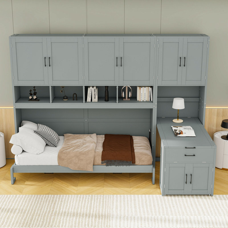 Lit escamotable simple avec tablettes et armoires de rangement intégrées, Gris