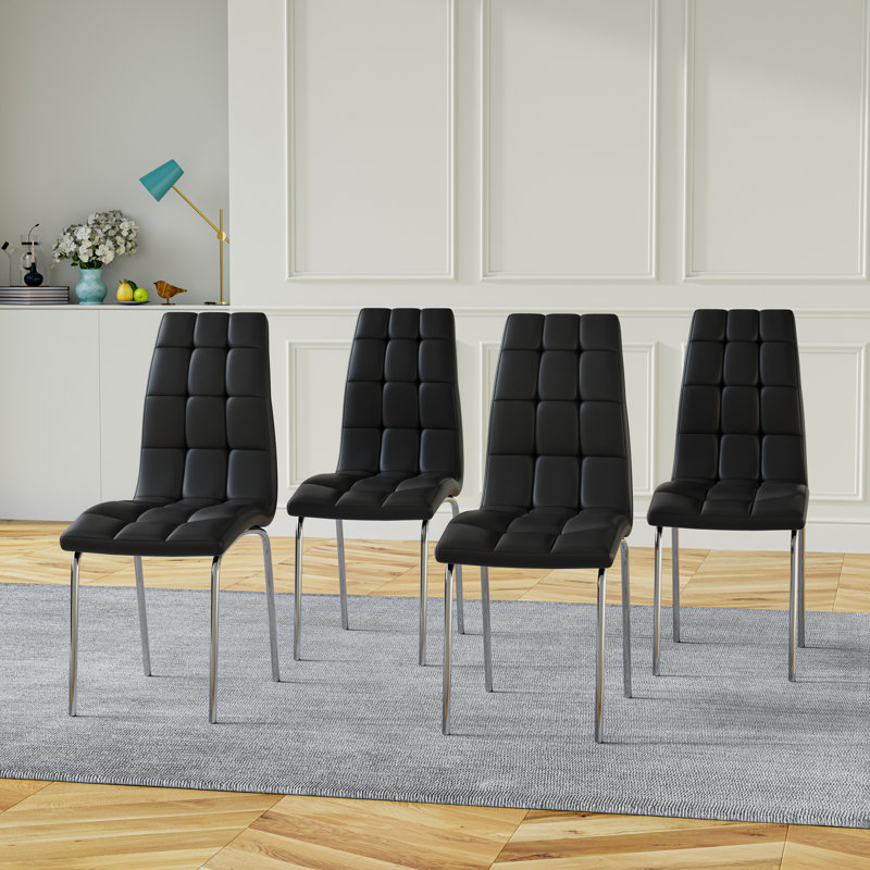 Glass Top Metal Base Dining Table With 4 Upholstered Dining Chairs,5 - Piece Pedestal Dining Set, Silver, Black/Silver