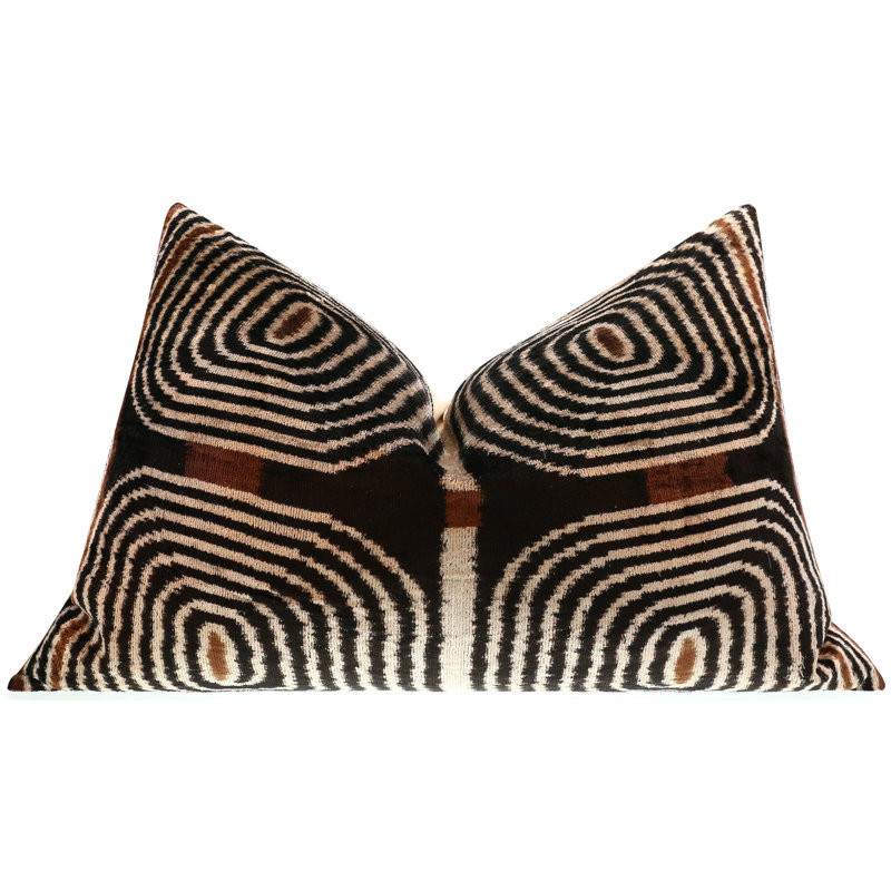 Handmade Modern Geometric Silk Velvet Throw Pillow - 16X24, Black And Cream With Down Feather Insert