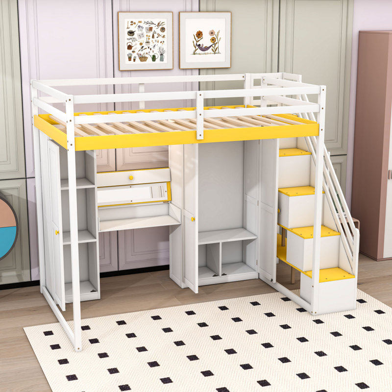 Full Wood Loft Bed With LED Light, Dressing Table, Wardrobe And Charging Ports, White/Yellow