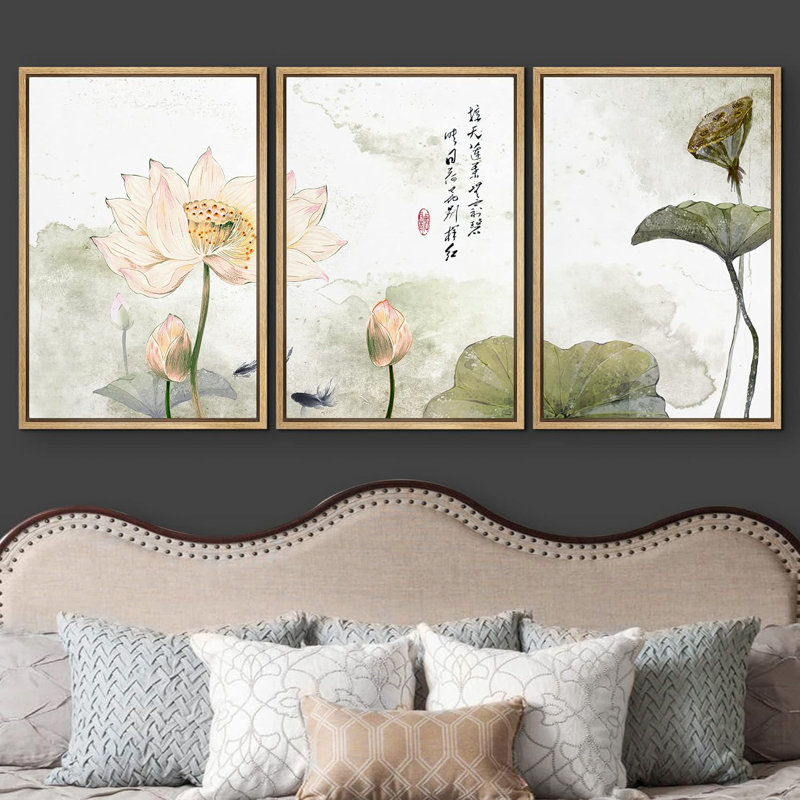 Encre de Chine et peinture murale de style lotus, décoration murale moderne, Cadre naturel flottant, H 36 po x l 72 po